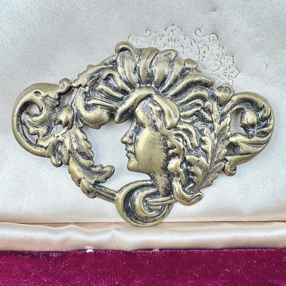 Art Nouveau Revival Brooch Brass Tone Large Lady Brooch Repousse Vintage 3.5”